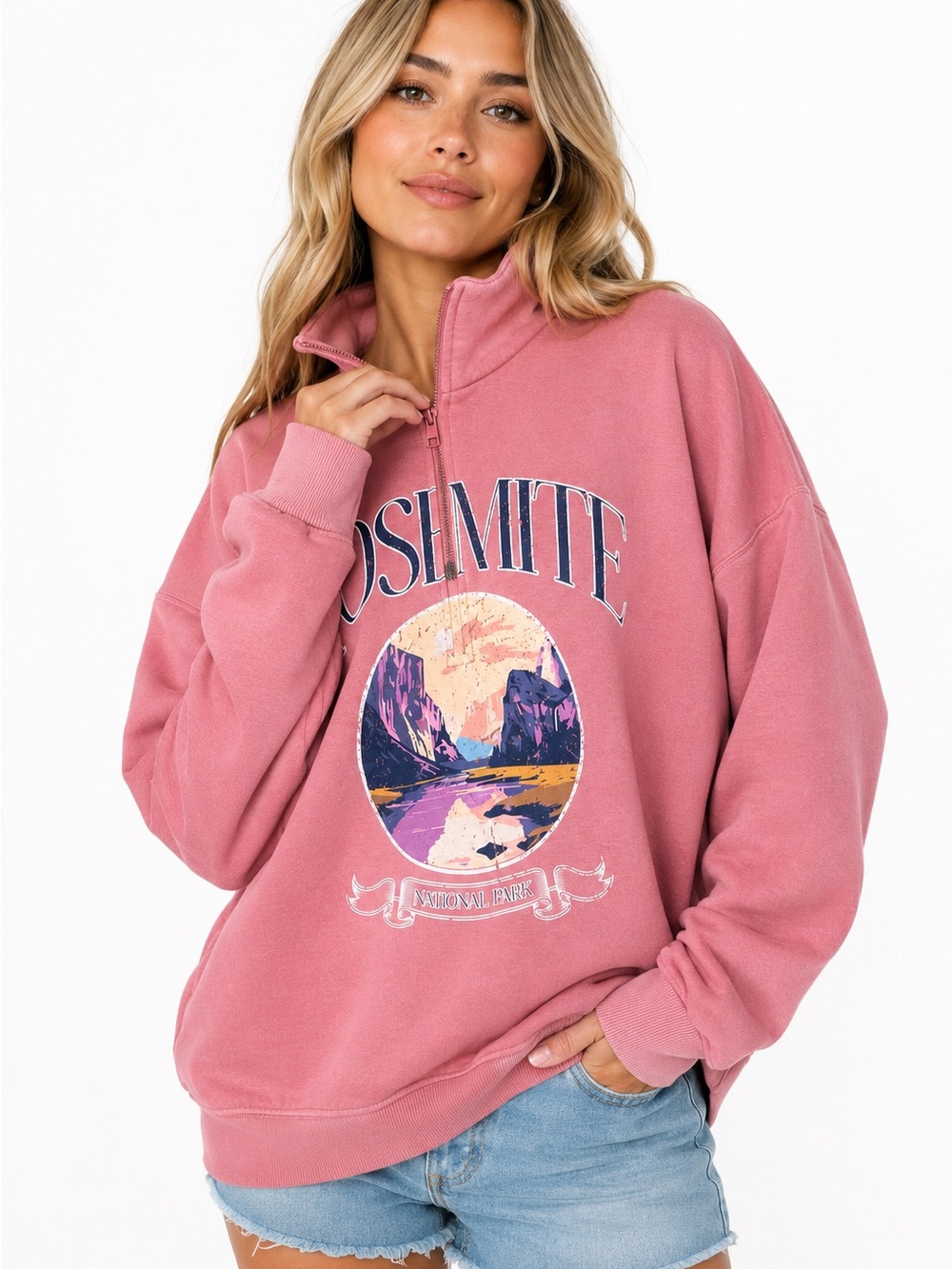 Yosemite National Park 1/4 Zip Pullover Sweatshirt Women M Pink Gorpcore Cozy Y2